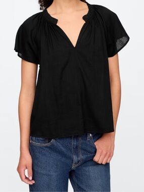 GAP Black Flutter Sleeve Split-Neck Blouse